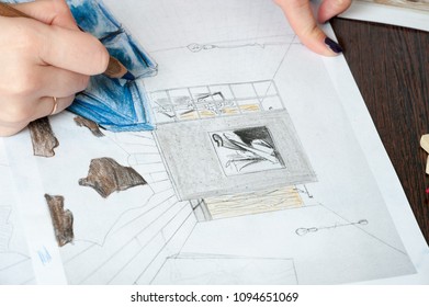 Outline drawings for the design of the kitchen design, everything is drawn in pencil. Beautiful, brick walls. - Shutterstock ID 1094651069
