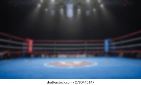 An out-of-focus image of a boxing ring, showcasing the ropes, corners, and floor, illuminated by overhead lights, creating a sense of anticipation and space.