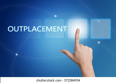 Outplacement - hand pressing button on interface with blue background.