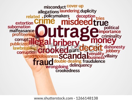 Outrage word cloud and hand with marker concept on white background.