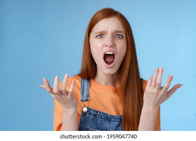 Outraged freak-out girlfriend shouting confused full disbelief raising hands dismay shrugging complaining arguing feel heartbroken reacting displeased outraged boyfriend cheated, break-up painfully - Shutterstock ID 1959047740