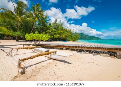 Outrigger Canoe On Moorea Beach.