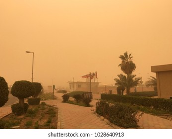 Outside Of A Building Are Fully Covered With Dust Storm In Kuwait City. Beauty Of Nature.