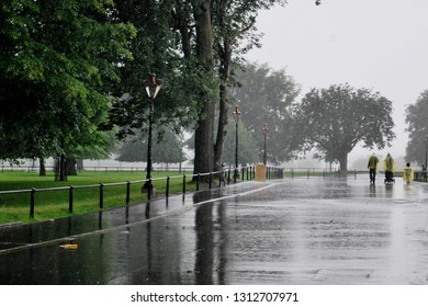 Outside Dublin Zoo In Phoenix Park, In A Rainy Day. Family With Yellow Raincoats Walking In The Park.