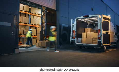 Outside Of Logistics Distributions Warehouse Diverse Team Of Workers Loading Delivery Truck With Cardboard Boxes. Online Orders, Purchases, E-Commerce Goods, Supply Chain. Blur Motion Shot.