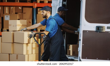 Outside Of Logistics Distributions Warehouse: Diverse Team Of Two Workers Talk, Joke Around Loading Delivery Truck With Cardboard Boxes, Online Orders, Medicine, Food Supply, E-Commerce Goods