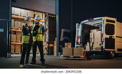 Outside Of Logistics Distributions Warehouse With Inventory Manager Using Tablet Computer, Talking To Worker. Delivery Truck With Cardboard Boxes, Online Orders, E-Commerce Food And Medicine Supply