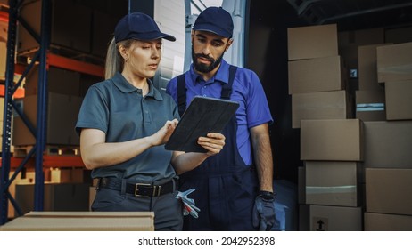 Outside of Logistics Distributions Warehouse With Inventory Manager Using Tablet Computer, talking to Worker Loading Delivery Truck with Cardboard Boxes. Online Orders, Purchases, E-Commerce Goods - Powered by Shutterstock