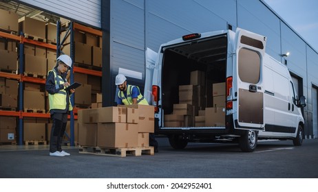 Outside of Logistics Distributions Warehouse With Inventory Manager Using Tablet Computer, talking to Worker Loading Delivery Truck with Cardboard Boxes. Online Orders, Purchases, E-Commerce Goods