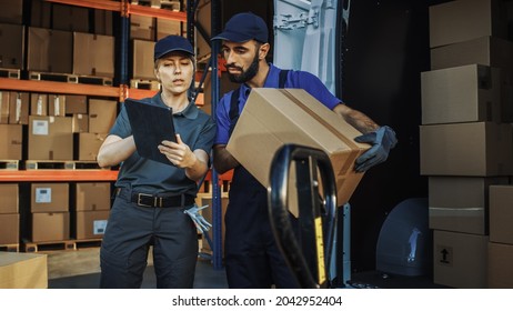 Outside Of Logistics Distributions Warehouse With Inventory Manager Using Tablet Computer, Talking To Worker Loading Delivery Truck With Cardboard Boxes. Online Orders, Purchases, E-Commerce Goods