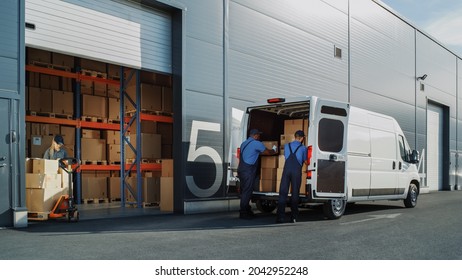 Outside of Logistics Distributions Warehouse With Manager Using Tablet Computer, Diverse Workers Loading Delivery Truck with Cardboard Boxes. Online Orders, Purchases, E-Commerce Goods. - Shutterstock ID 2042952248