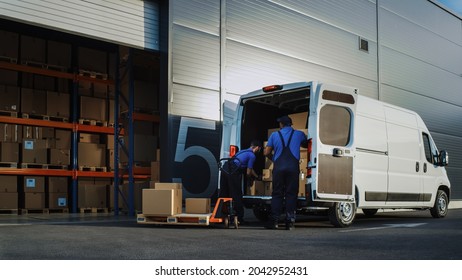 Outside Of Logistics Distributions Warehouse With Manager Using Tablet Computer, Workers Start Loading Delivery Truck With Cardboard Boxes. Online Orders, Purchases, E-Commerce Goods.