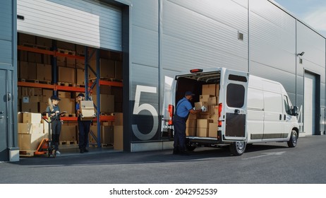 Outside of Logistics Distributions Warehouse With Manager Using Tablet Computer, Diverse Workers Loading Delivery Truck with Cardboard Boxes. Online Orders, Purchases, E-Commerce Goods. - Shutterstock ID 2042952539