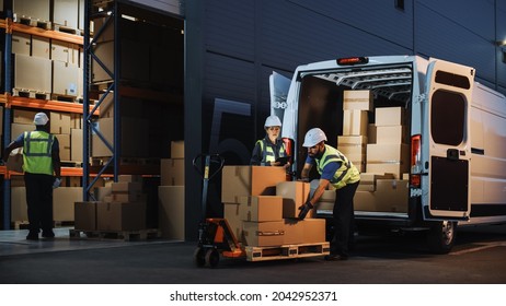 Outside of Logistics Retail Warehouse With Inventory Manager Using Tablet Computer, talking to Worker Loading Delivery Truck with Cardboard Boxes, Online Orders, Food and Medicine Supply, E-Commerce