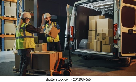 Outside Of Logistics Retail Warehouse: Manager Using Tablet Computer And Scanner, Talking To Worker Loading Delivery Truck With Cardboard Boxes, Online Orders, Medicine Supply, E-Commerce. Evening
