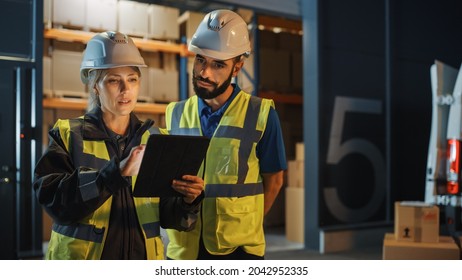 Outside Of Logistics Retail Warehouse: Portrait Of  Inventory Manager Using Tablet Computer, Talking To Worker. Delivery Truck With Cardboard Boxes, Online Orders, E-Commerce Food, Medicine Supply