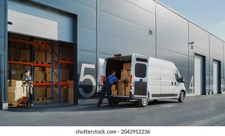 Outside of Logistics Retailer Warehouse With Female Manager Using Tablet Computer, Worker Loading Delivery Truck with Cardboard Boxes. Online Orders, Purchases, E-Commerce Goods, Merchandise - Shutterstock ID 2042952236