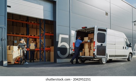 Outside of Logistics Retailer Warehouse With Manager Using Tablet Computer, Diverse Workers Loading Delivery Truck with Cardboard Boxes. Online Orders, Purchases, E-Commerce Goods. - Shutterstock ID 2042952251