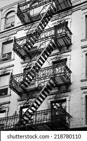 Outside metal fire escape stairs, New York City, USA