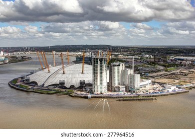 The outside of the O2 Arena in London from across the River Thames