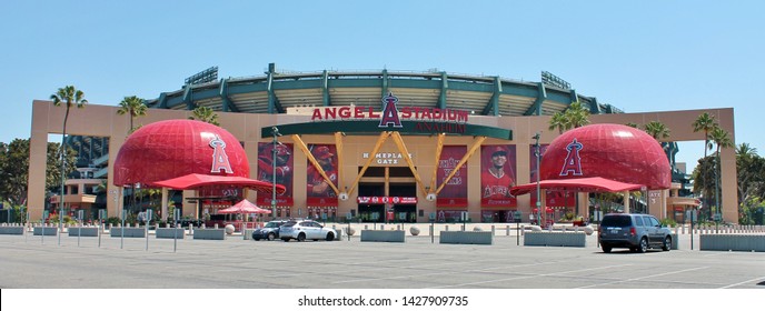 An Outside Parking Lot View Of The Main Entrance Gate To Anaheim Angels Stadium