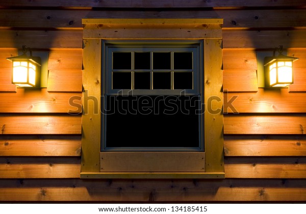 Outside View Cedar Cabin Window Night Stock Photo Edit Now 134185415