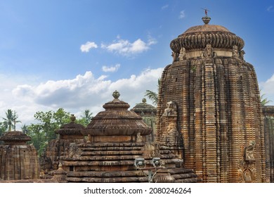 Outside view of Lingaraja Temple Vimana or Shikara, Bhubaneswar, Odisha, India. 11th century Lingaraja Temple is the largest and most important in Bhubaneswar.