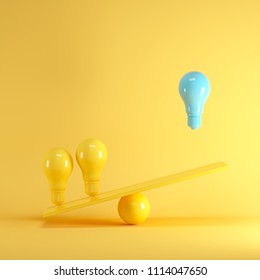 Outstanding Blue light bulb floating between yellow lightbulbs on yellow seesaw, minimal idea concept.