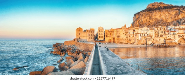Outstanding evening cityscape of Cefalu city. Popular travel destination of Mediterranean sea. Location: Cefalu, Province of Palermo, Sicily, Italy, Europe - Shutterstock ID 2257716497