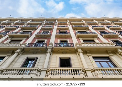 An Outstanding Example Of Late Modernism Building Facade In Barcelona, Spain. 