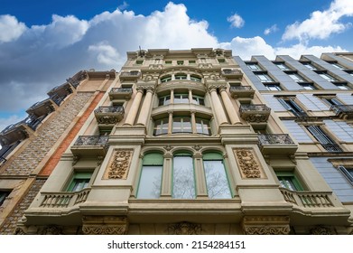 An Outstanding Example Of Late Modernism Building Facade In Barcelona, Spain. 