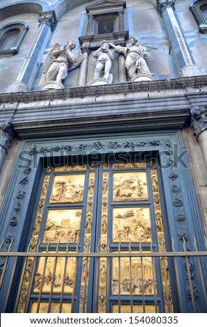 Outstanding Golden Gates of Paradise by Lorenzo Ghiberti in Baptistery of San Giovanni in Florence, Italy