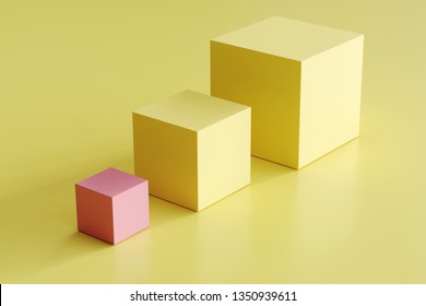 outstanding pink box and yellow boxes in different sizes on yellow background. minimal concept idea