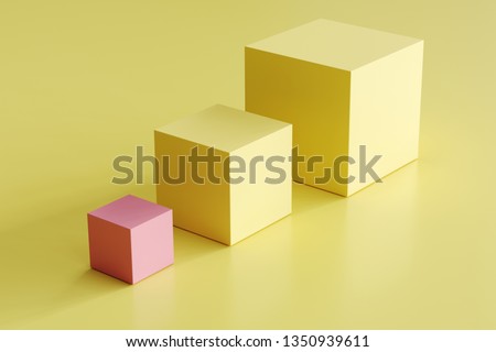 outstanding pink box and yellow boxes in different sizes on yellow background. minimal concept idea