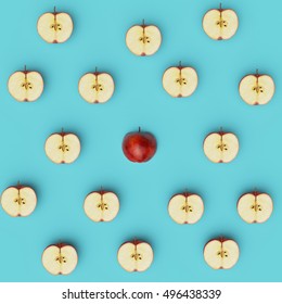 Outstanding Red Apple Middle Around Half Apples On Blue Pastel Background. Flat Lay