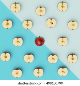 Outstanding Red Apple Middle Around Half Apples On Blue Pastel Background. Flat Lay