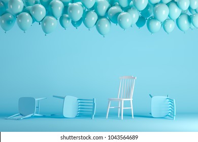 Outstanding white chair with floating blue balloons in blue pastel background room studio. minimal idea creative concept.