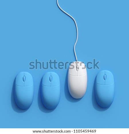 Outstanding White computer mouse among blue computer mouse on blue background. minimal idea concept. flat lay.
