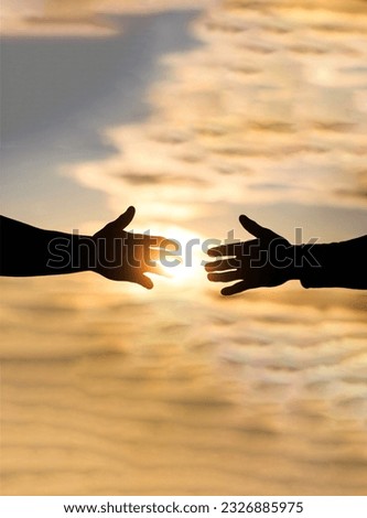 Outstretched hands, salvation, help silhouette, concept of help. Giving a helping hand. Rescue, helping gesture or hands. Mercy, two hands silhouette on sky background.