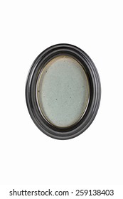 Oval Black Picture Frame With Gray Cardboard Background, Isolated On White