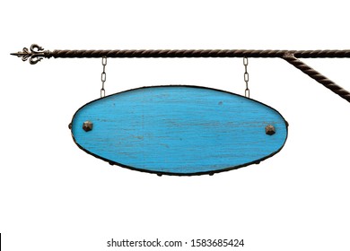 Oval Blue Wooden Signboard. Old Wood Shop Signs Without Text Hanging On The Wrought Iron Structure. Template Is Isolated On White. Blank For Creativity And Design.