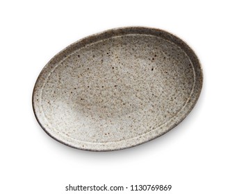 Oval Ceramic Plate, Empty Plate With Granite Texture, View From Above Isolated On White Background With Clipping Path