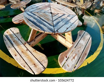 Oval oak table on the deck of the ferry Mariehamn - Helsinki