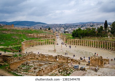 Oval Plaza In Roman City Of Jerash