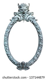 An Oval, Spooky, Isolated Metal Frame With A Horned Devil, Skull And Crossbones, Snakes And Leaves. Great For Halloween.