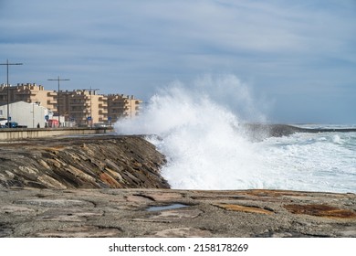 OVAR, PORTUGAL - 18 MAY 2022: The sea climbs the Furadouro beachfront in Ovar. Advancement of the sea due to climate change threatens Portugal.
