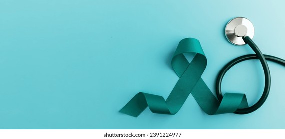 Ovarian and Cervical Cancer Awareness. a Teal Ribbonin with Stethoscope in Top View. Uterus, Female Reproductive System, Women's Health, PCOS and Gynecology 