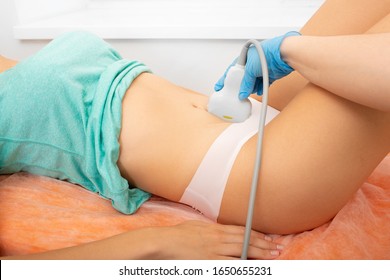 Ovarian Ultrasound, Ultrasound Device On The Patient’s Stomach. Female Health Examination