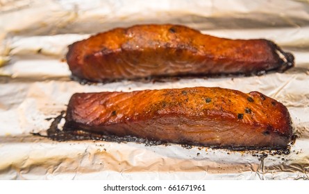 Oven Baked Bourbon Glazed Salmon: Oven Baked Bourbon Glazed Salmon On A Sheet Of Aluminum Foil.