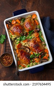 Oven Baked Chicken Thighs Rice Vegetables Stock Photo 2197634495